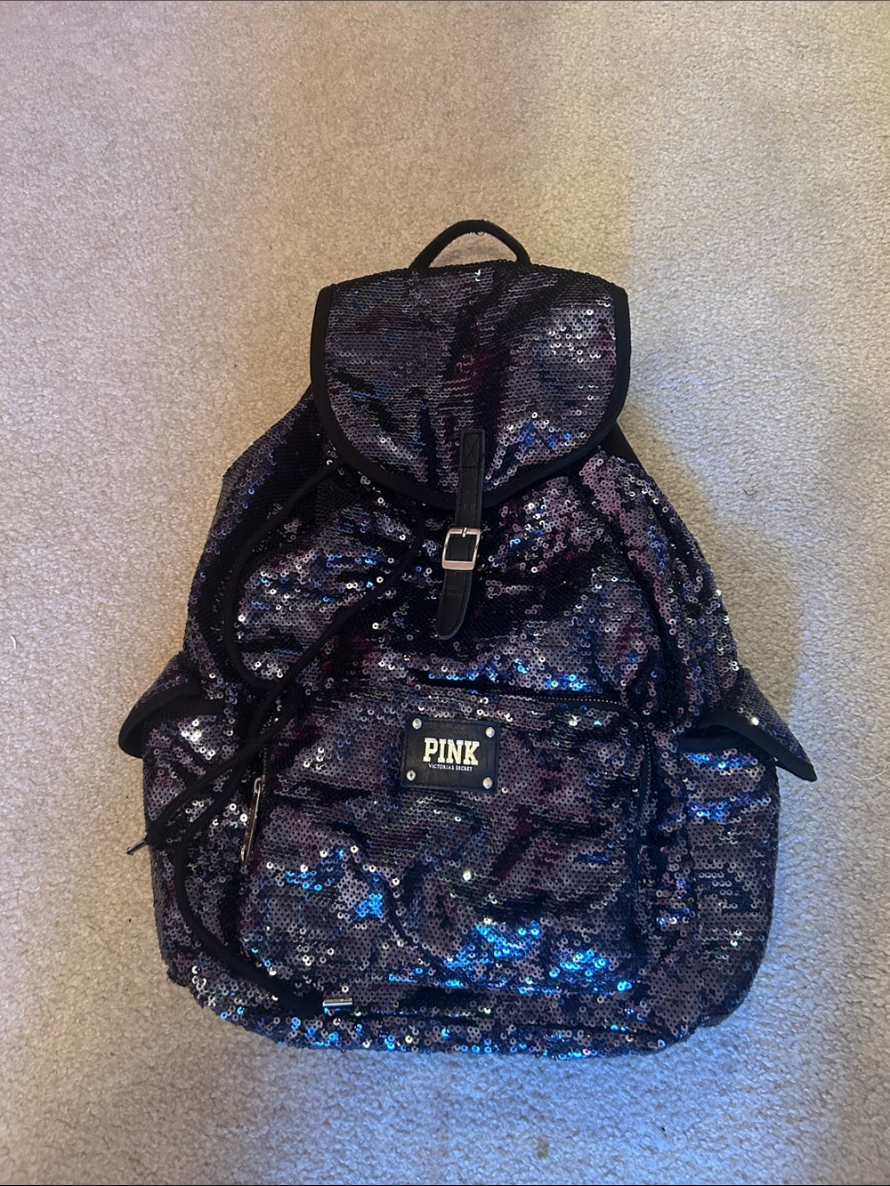 PINK Victoria's Secret Black Iridescent Sequin Backpack with Blue Shimmer
